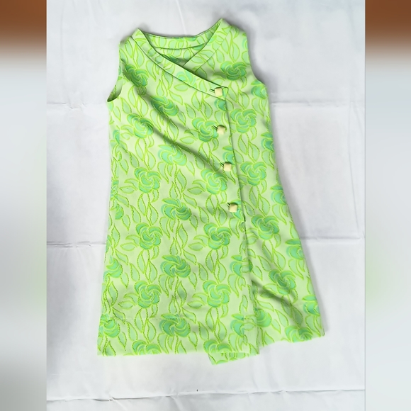 60s 70s Lime Green Flower Power Mod Retro GoGo Union Label Mini Dress Costume - Picture 4 of 10